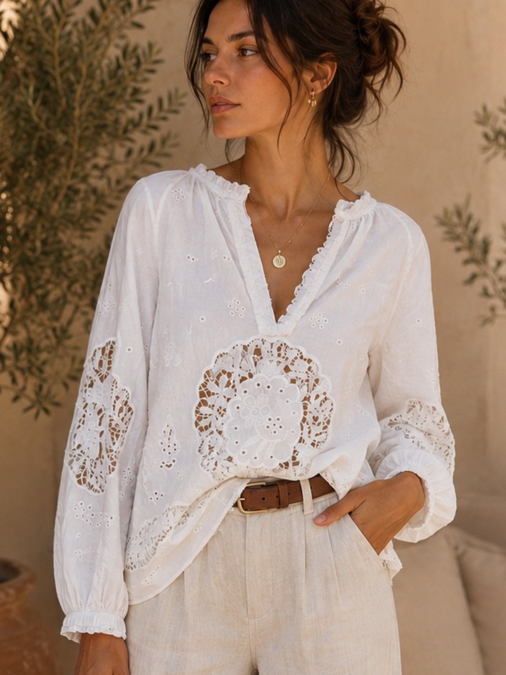 Sundance Petite XS White Cotton Eyelet Lace Blouse Boho Peasant Romantic Top